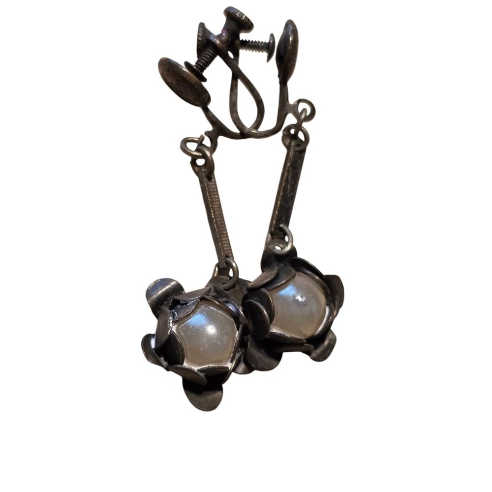 Vintage Screw‎ Back Floral Drop Earrings With Faux Pearl Accents
